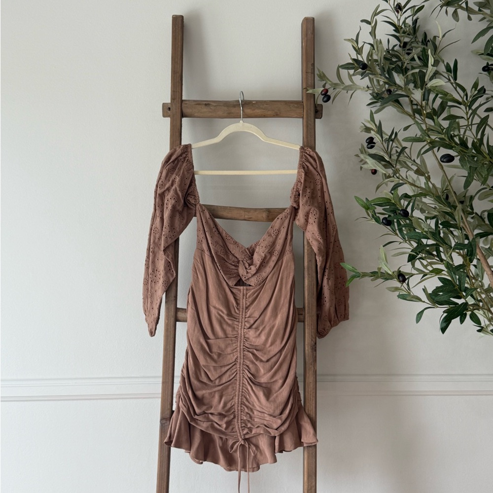 Off Shoulder Brown Ruched Mini Dress